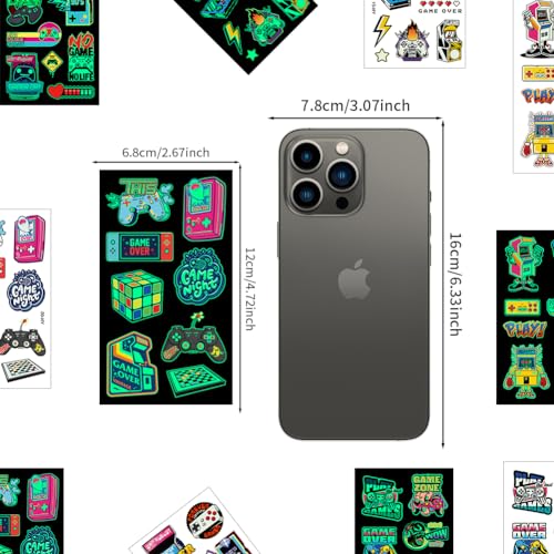 10 Sheet Gamer Stickers Glow in Dark Gaming Temporary Tattoos Video Game Gifts for Kids Classroom Rewards Gamer Birthday Party Supplies