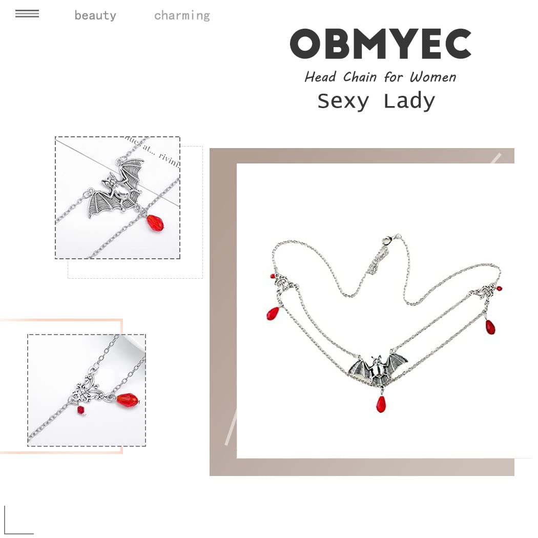 Obmyec Boho Bat Head Chains Silver Crystal Headpiece Layered Pendant Hair Chain Halloween Party Forehead Chains Festival Costume Hair Accessories for Women (Red)