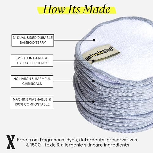 Untoxicated Ultra Soft Cleansing Pads - Double-Layered Reusable Bamboo Terry Rounds - Makeup Removal & Skincare for Sensitive Skin - Soft & Durable - Includes Washable Storage Bag - 10CT