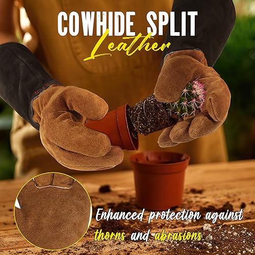 HANDLANDY Ladies Leather Gardening Gloves, Thorn Proof Women Long Rose Gloves (Black-brown, Medium (Pack of 1))