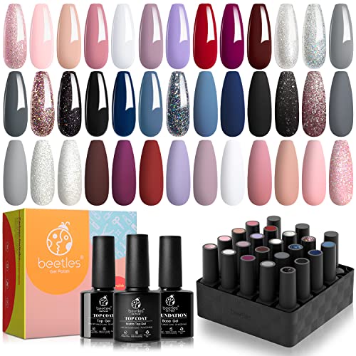 beetles Gel Polish Nail Set 20 Colors Modern Muse Collection with Nail Kit Easy Nail Extension Set with 500Pcs Gel Nail Tips Nude Gray Pink Glitter Manicure with 3 Pcs Base Matte and Glossy Top Coat