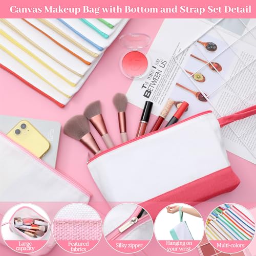 Silkfly 15 Pcs Cotton Canvas Makeup Bags Canvas Cosmetic Zipper 10.2 x 5.5 x 2 Inches Blank DIY Pouch Bag Bulk with Bottom Pencil Case Travel Toiletry Pouch for Women (Fashion Color)