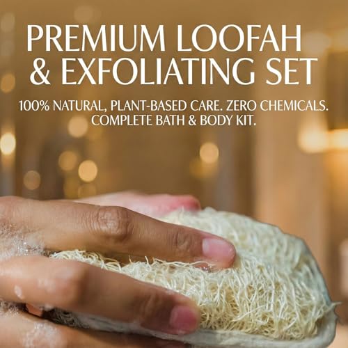 Natural Loofah Back Scrubber for Shower, Back Loofah for Women and Men, Exfoliating Loofah Sponge with Soap Bag, 3-pcs
