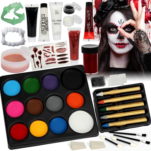 Halloween Makeup - Halloween Family Face Painting Kit Face Body Paint for Adult and Kids, All in 1 Halloween Makeup Set Face Paint with Fake Blood for Halloween Party Supplies