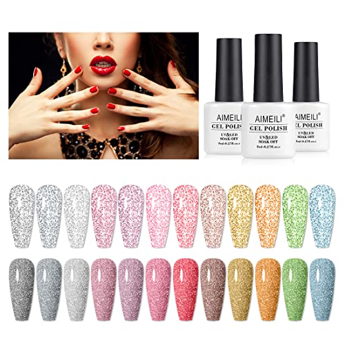 AIMEILI Reflective Glitter Gel Nail Polish, Builder Base and No Wipe Top Coat Set