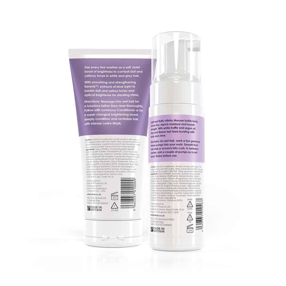 White Hot Brilliant Bounce Duo: Brilliant Shampoo 200ml and Infinity Mousse 150ml, counteracts yellow tones and promotes shine with each time you use.