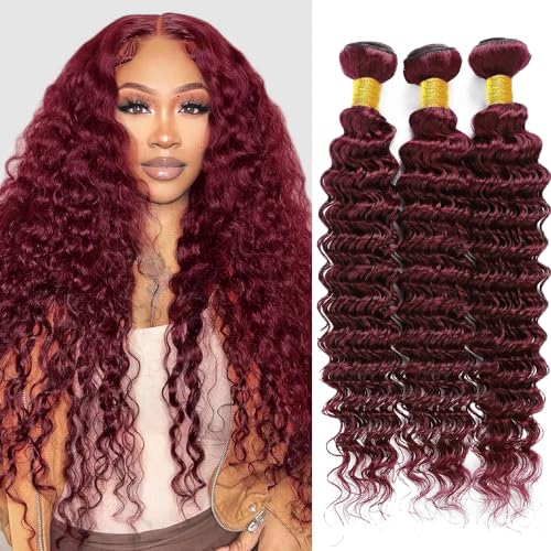 #99J Burgundy Deep Wave Hair Bundles 28 30 32 Inch