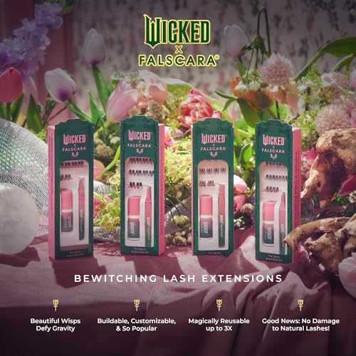 WICKED X FALSCARA False Eyelashes, Lash Extension Kit, ¡®Shimmering Shine¡¯, 10 Lash Clusters, 8mm-10mm, Natural Volume, Blue Glitter, Mini Bond, Green & Pink Mini Applicator (Pack of 2)