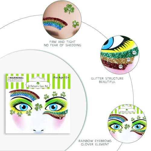 Totelux St Patricks Day face Stickers Shamrock Glitter Tattoos Green Clover Face Tattoos with Gems Eye Body Fake Temporary Tattoo for Adult kids Makeup St Patricks Day Decoration Parade Party Supplies