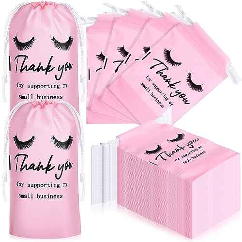 Abbylike 100 Pcs Eyelash Aftercare Lash Bags for Clients Eye Lash Print Drawstring Makeup Bag Empty Beauty Gift Cosmetic Sample Pouch for Women Small Business Supplies, 4 x 6 in(Pink)