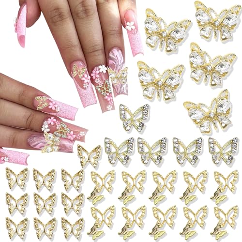 RODAKY 30PCS Butterfly Nail Charms Gold Butterflies Nail Art Jewelry 3D Butterfly Nail Gems Rhinestone for Nails Manicure DIY Accessories for Women and Girls