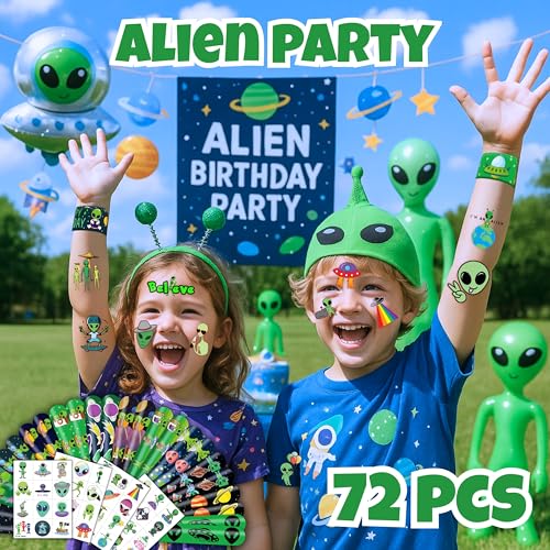 Alien Party Favors Set 72 PCS - 48 Tattoos & 24 Slap Bracelets