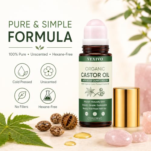 TOGOLIUN Organic Castor Oil Roll-On with Rose Quartz Roller Ball - Unscented, 1.7oz