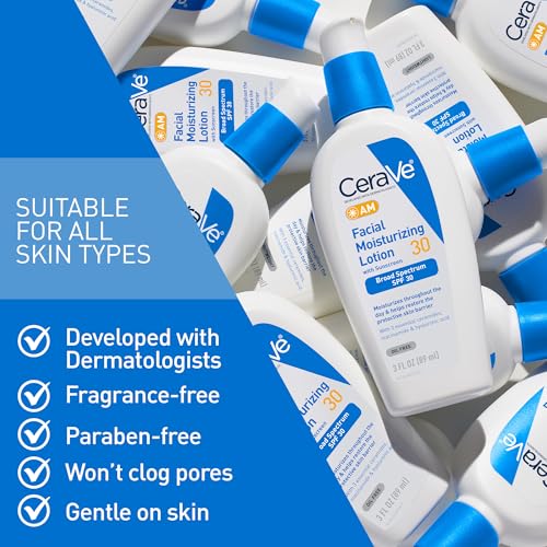 CeraVe AM Facial Moisturizing Lotion with SPF 30, Oil-Free Face Moisturizer with SPF, Formulated with Hyaluronic Acid, Niacinamide & Ceramides, Non-Comedogenic, Broad Spectrum Sunscreen, 3 Ounce