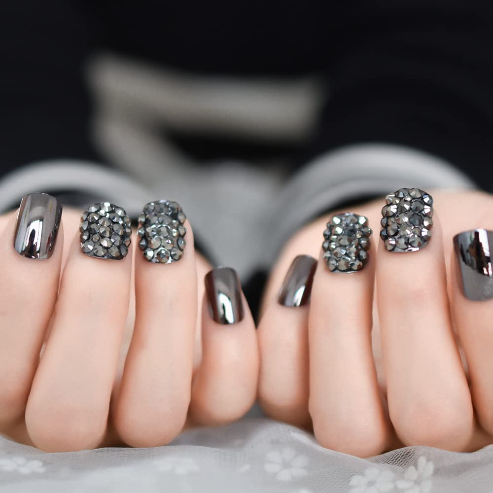 ELEVENAIL 3D Rhinestones Press On Nails Punk Dark Smoky Gray Reflective Mirror Metallic Stick On Fake Nails Salon DIY Acrylic Manicure Reusable Short Square False Acrylic Nail Art Tips