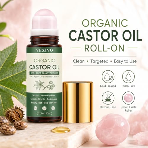 TOGOLIUN Organic Castor Oil Roll-On with Rose Quartz Roller Ball - Unscented, 1.7oz