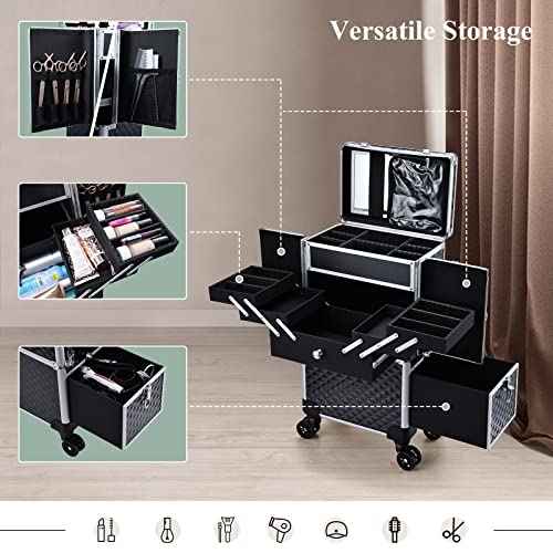 Adazzo Professional Makeup Artist Rolling Train Case Multi-functional Cosmetic Train Case Large Trolley Storage Case for Nail Technicians Cosmetology Case with Compartments for Hairstylist (Black)