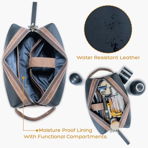 Premium Real Leather Toiletry Bag With Hook, Handmade Full-Grain Genine Leather Kit Bag for Men & Women, Water-Resistant Travel Organizer (Fits 3-4 oz Bottles) Luxury Shaving/Grooming Kit Gift