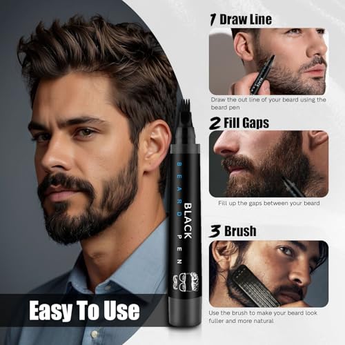 Waterproof Beard Filler Pen with Brush - Long-Lasting Black