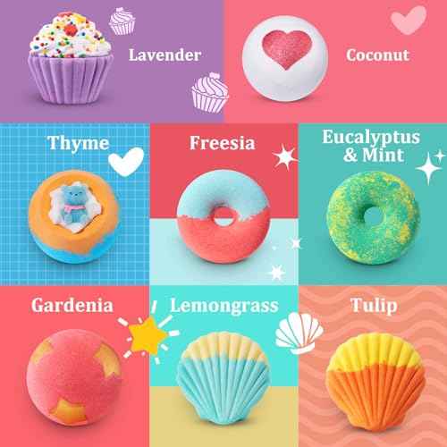 Bath Bombs for Girls Kids & Women, 8pcs Organic Bath Bombs, Bubble Bath Self Care Valentines Birthday Christmas Gifts for Kids Girls, Mothers Day Gifts for Wife, Mom, Women & Her