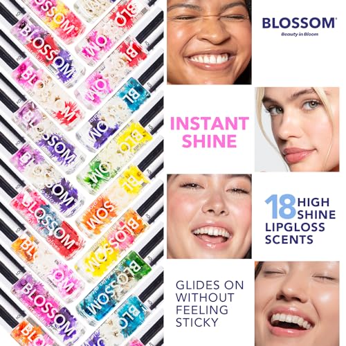 Blossom Roll on Lip Gloss, Scented Clear High Shine Moisturizing Lip Oil, Non Sticky, Infused with Real Flowers, Made in USA, 0.3 fl. oz./9ml, 3 pack Mini Gift Set, Strawberry, Watermelon, Mango