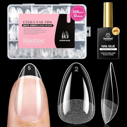 Beetles B-Almond Short Nail Tips 288pcs Set with Nail Glue – No Filing Needed