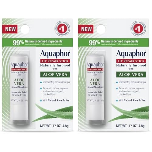 Aquaphor Naturally Inspired Lip Repair Stick with Aloe Vera and Natural Shea Butter,Hydrating Lip Balm Immediately Relieves Dryness,0.17 Oz Stick,(Pack of 2)
