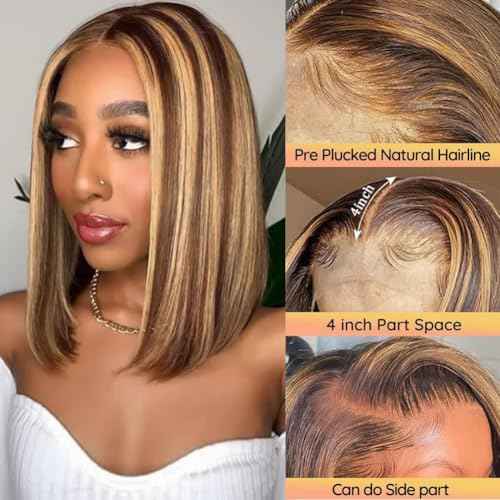 Ombre Honey Blonde Bob Wig Human Hair Highlight 13x4 Hd Lace Front Wigs Human Hair Pre Plucked 14 Inch Middle Part 4/27 Colored Glueless Lace Frontal Wigs(14 Inch, 4/27 Highlight)