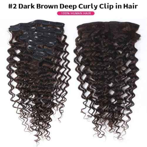 Clip in Hair Extensions Real Human Hair 20 Inch Remy Human Hair Extensions for Women Double Weft Seamless Clip ins Brazilian Deep Wave Curly Human Hair Extensions 8Pcs 120g 20 Clips Dark Brown