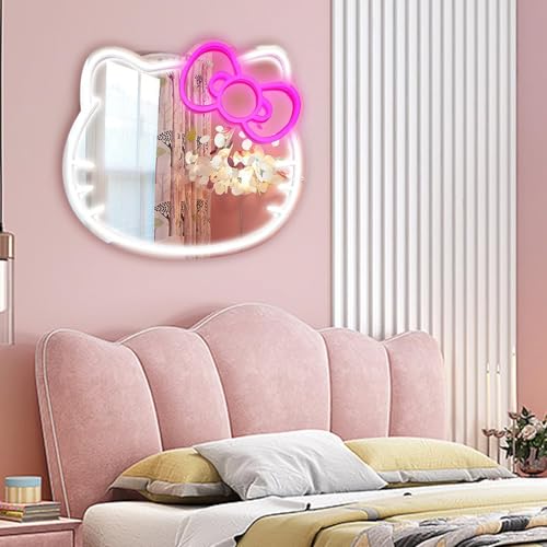 Anime Hello Kit Cat Neon Sign Mirror 12 * 9.5 inch Vanity Mirror with Lights Bedroom Wall Mirror for Pink Room Decor and a Makeup Mirror with Lights Teen Girl Gifts