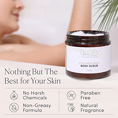 Jema & Co. - Exfoliating Body Scrub, Body Exfoliator with Shea Butter, Coconut & Sweet Almond Oil, Moisturizing Dead Sea Salt Scrub (Coconut Milk, Large, 16 Ounce)