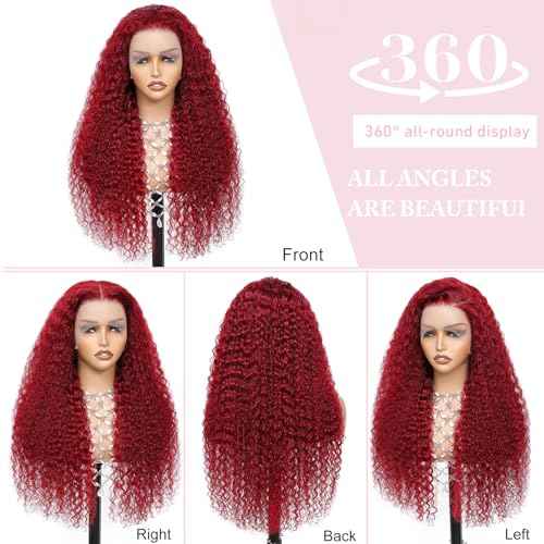 OUX Burgundy Wig Human Hair Real 280 Density 13x6 Deep Wave Lace Front Wigs Human Hair 99j Burgundy Lace Front Wigs Pre Plucked Red Colored Wigs Triple Lifespan (20 Inch)