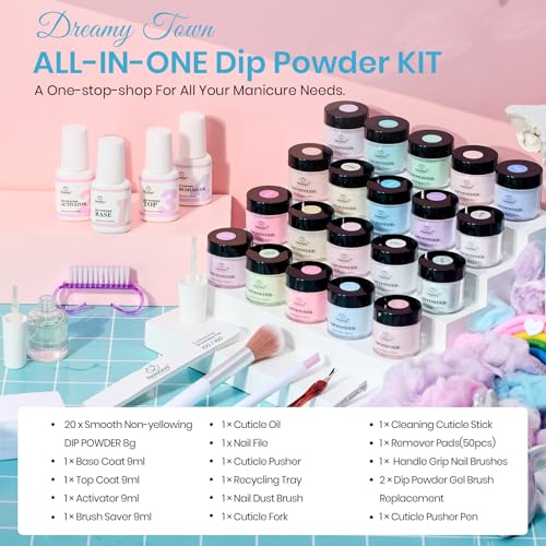 Beetles Dip Powder Nail Starter Kit 20 Colors Nude Pink Dreamy Town Collection Dipping Powder Set Blue Snow White Glitter for Nail Art with Base Top Coat Manicure DIY Salon Complete Accessories