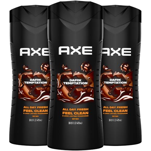 AXE Men's Body Wash, Dark Temptation, 3-Pack, 12H Refreshing Chocolate Scent, 16 Fl Oz Ea