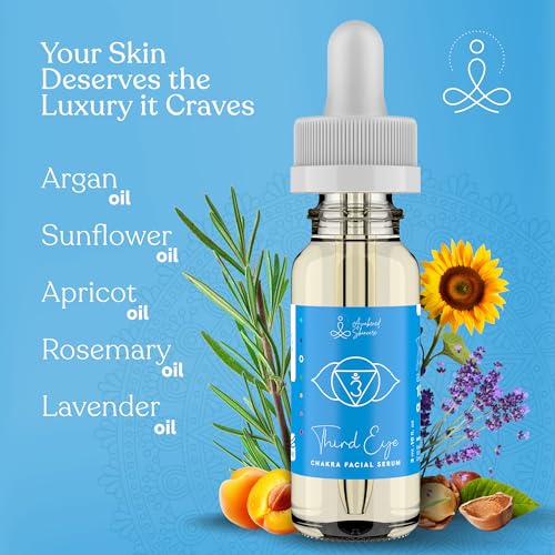 Third Eye Chakra Facial Serum Essential Oil Blend, Natural & Organic Moisturizing Serum for Face with Sunflower, Argan, Apricot, Rosemary, Lavender Oils for Spiritual Journey, Peace, Deeper Connection