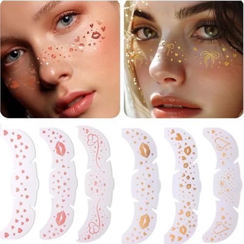 10 Sheets Valentine's Day Face Tattoo Sticker Pink Gold Heart Freckle Face Sticker Glitter Tattoos Pink Heart Kiss Lip Flower Satr Waterproof Tattoos for Girls Women Festival Makeup Accessories
