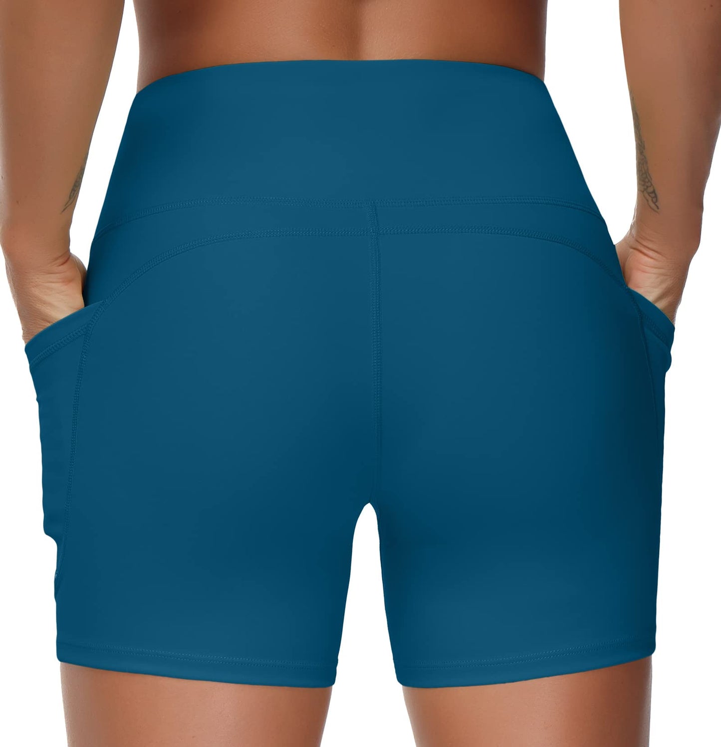 THE GYM PEOPLE High Waist Yoga Shorts for Women's Tummy Control Fitness Athletic Workout Running Shorts with Deep Pockets(Small, Dark Blue Green)