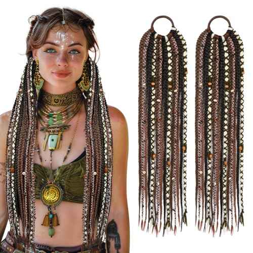 SEIKEA 2PCS Boho Braided Ponytail Extension with Hair Tie, 24" Long Viking Dreadlock Beads Ponytail Hand-braided Braids Hair Extensions Lightweight Natural Synthetic Hairpiece for Festival Cosplay