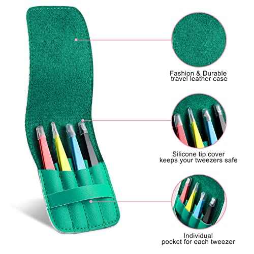 Eyebrows Tweezers Set, 4Pcs Stainless Steel Tweezers for Women with Travel Case, Great Precision for Ingrown Hair, Facial Hair and Splinter Removal