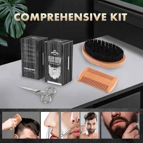 Boar Bristle Beard Brush for Men - Wooden Beard Brush and Comb Set with Beard Scissors, Pocket Travel Men's Wooden Mustache Brush for Beard Care