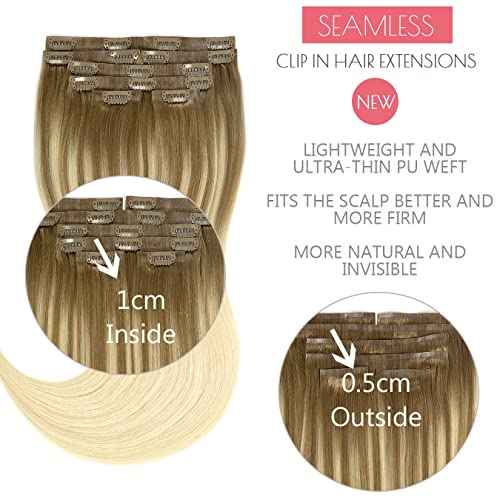 Loxxy Seamless Clip in Extensions Remy Human Hair Thick End Invisible Balayage PU Clip in Skin Weft Hair Extensions Natural Straight 16Inch 110gram 7 PCS Light Brown Fading To Bleach Blonde #B8/60