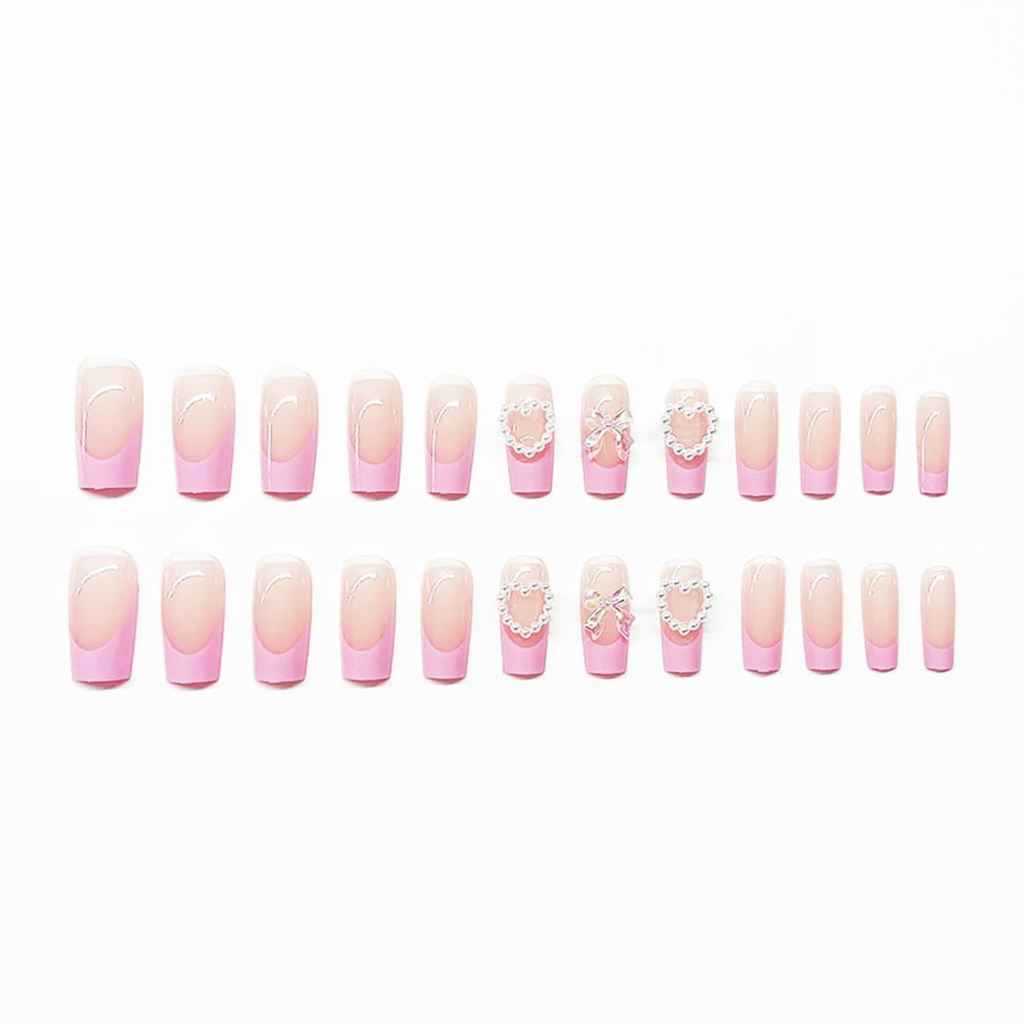 24 Pcs Acrylic Press on Nails Medium Coffin RIICFDD Fake Nails with Bow & Pearl Nail Charms Designs Nude Pink False Nails Spring Summer Press on Nail Artificial Full Cover Stick on Nails for Women