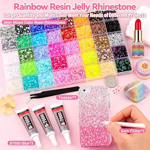 Multicolor 3mm Rhinestones for Crafting Bedazzling Jewelry & DIY Projects (40 Colors, 32000Pcs)