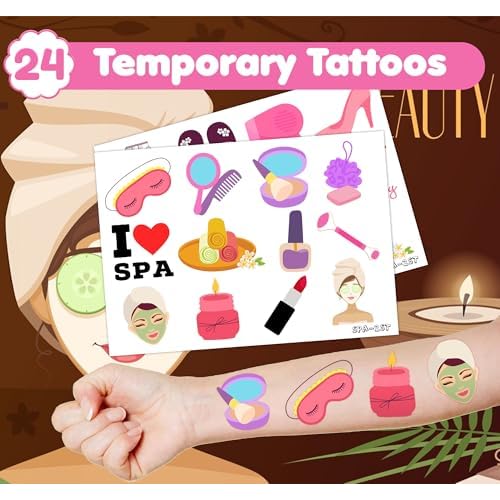 36PCS Spa Party Favors - 24PCS Temporary Tattoos & 12PCS Stamps - Ideal Makeup Sleepover Salon Themed Birthday Card Decorations Supplies Goodie Bag Cute Rewards for Boys Girls Classroom Gifts Prizes
