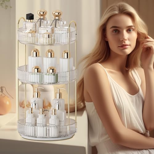 360¡Æ Rotating Makeup Organizer for Vanity - 3 Tier Perfume Organizer with Large Capacity - Skincare Organizer for Bathroom Counter - Space-Saving Cosmetic Storage for Dresser Countertop (Clear)