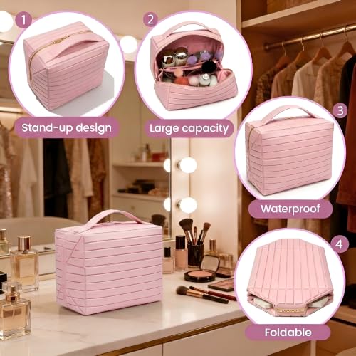 Large Waterproof Makeup Bag - Foldable Travel Toiletry Organizer (Pink)