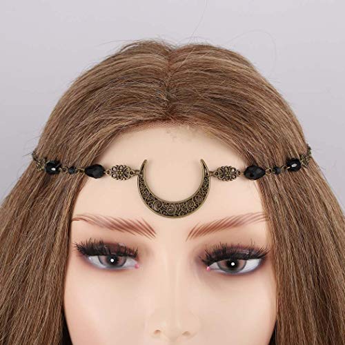 Aularso Vintage Head Chain Crescent Moon Headbands Chain Crystal Headpieces Beaded Forehead Chain for Women (Black)