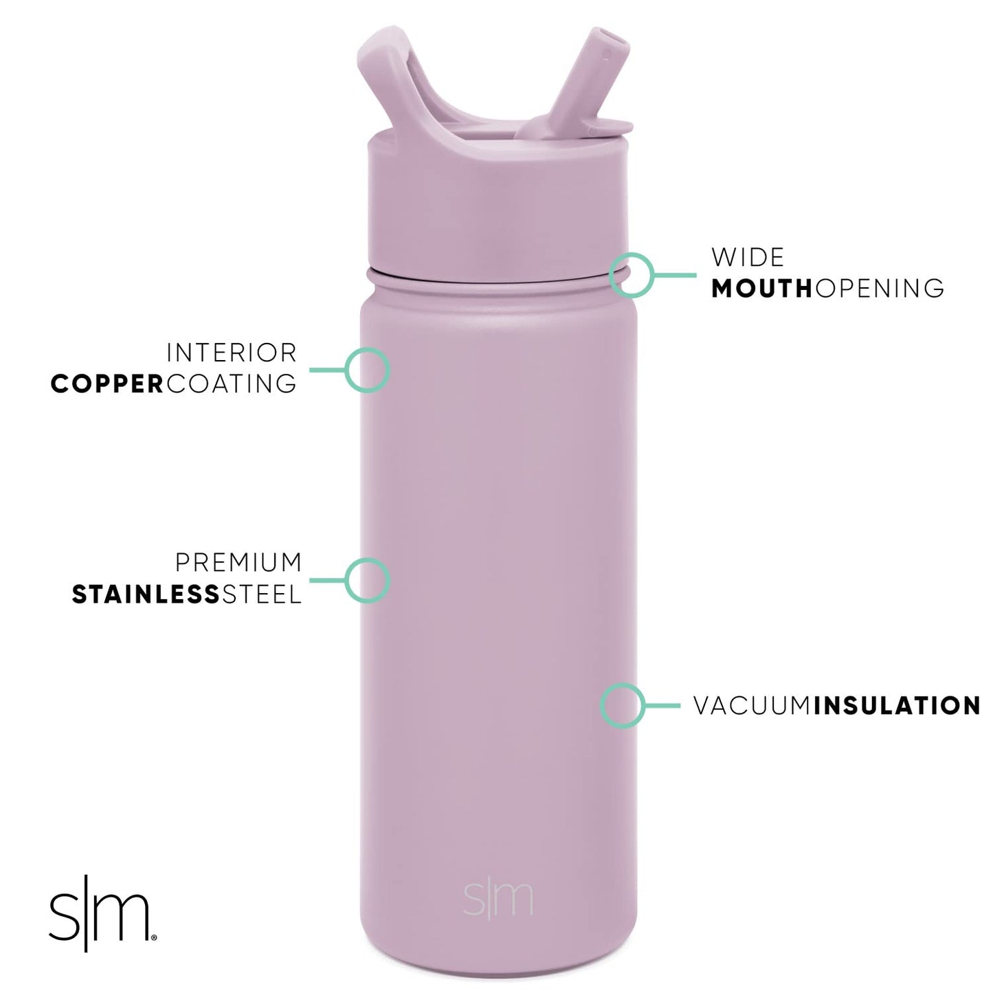 Simple Modern Kids Water Bottle with Straw Lid Vacuum Insulated Stainless Steel Metal Thermos Bottles | Reusable Leak Proof BPA-Free Flask for School | Summit Collection | 18oz, Lavender Mist