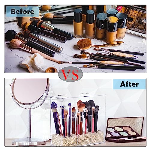 Acrylic Makeup Brush Holder with Lid - Clear Cosmetic Makeup Brush Organizer and Storage Box with Cover for Vanity - Large Capacity 3-Slots Container for Brushes (Clear)