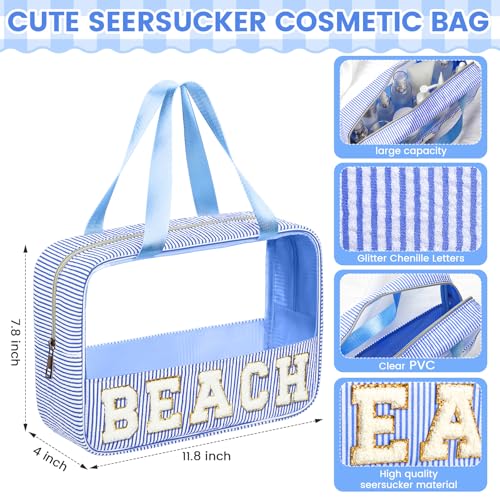 Seersucker Clear Makeup Bag with Chenille Letter Patch, 11.8x7.8 Inches